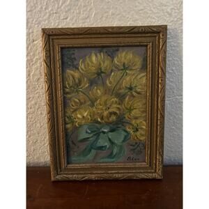 Vintage Still Life Floral Painting Yellow Chrysanthemums Teal Bow Framed Signed
